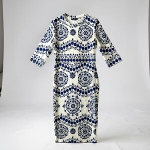 Shein Porcelain Print Sheath Pencil Dress Blue White BodyCon Floral Midi M